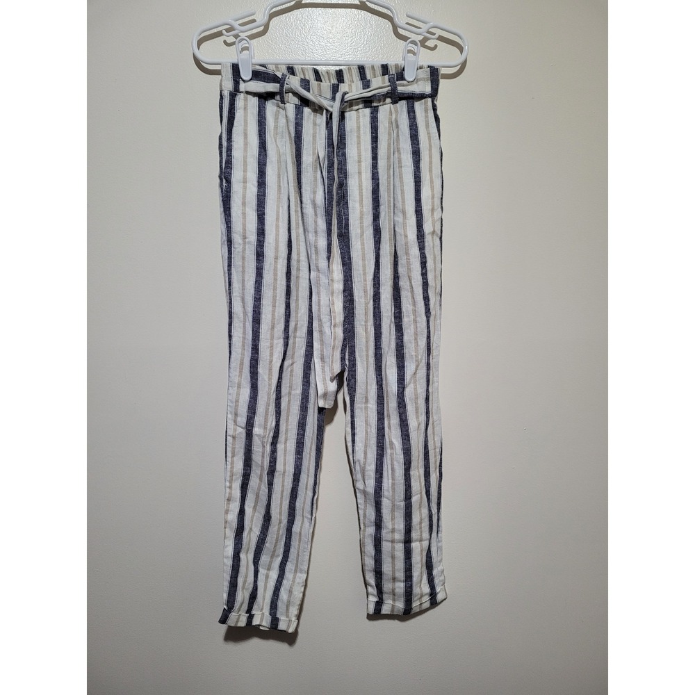 Love Tree Striped Pants Women Small Blue White Linen Blend Tie Waist